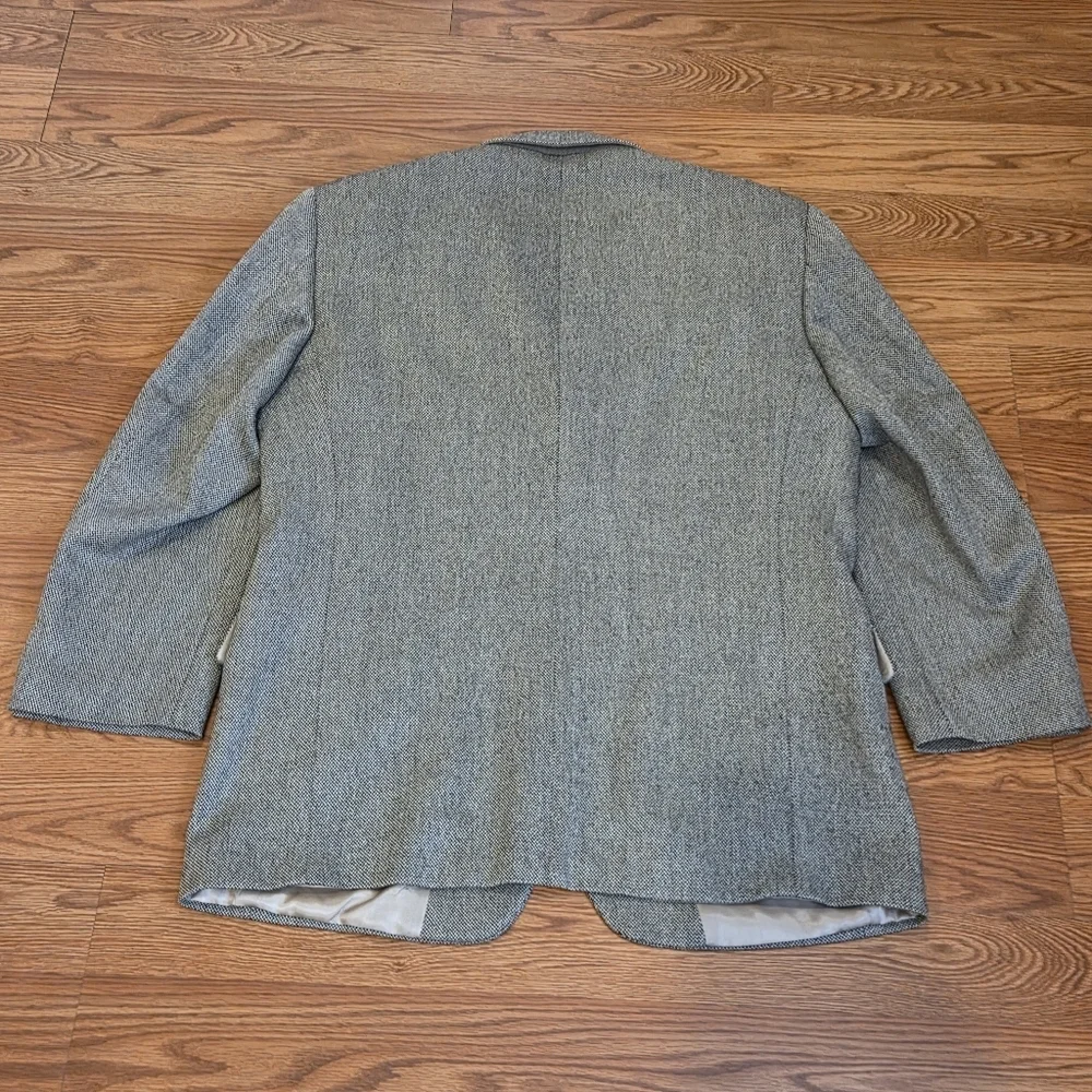 VTG Tweed Jacket L Black Beige Herringbone 100% Lambs Wool Blazer Sport Coat 44R - Picture 14 of 16